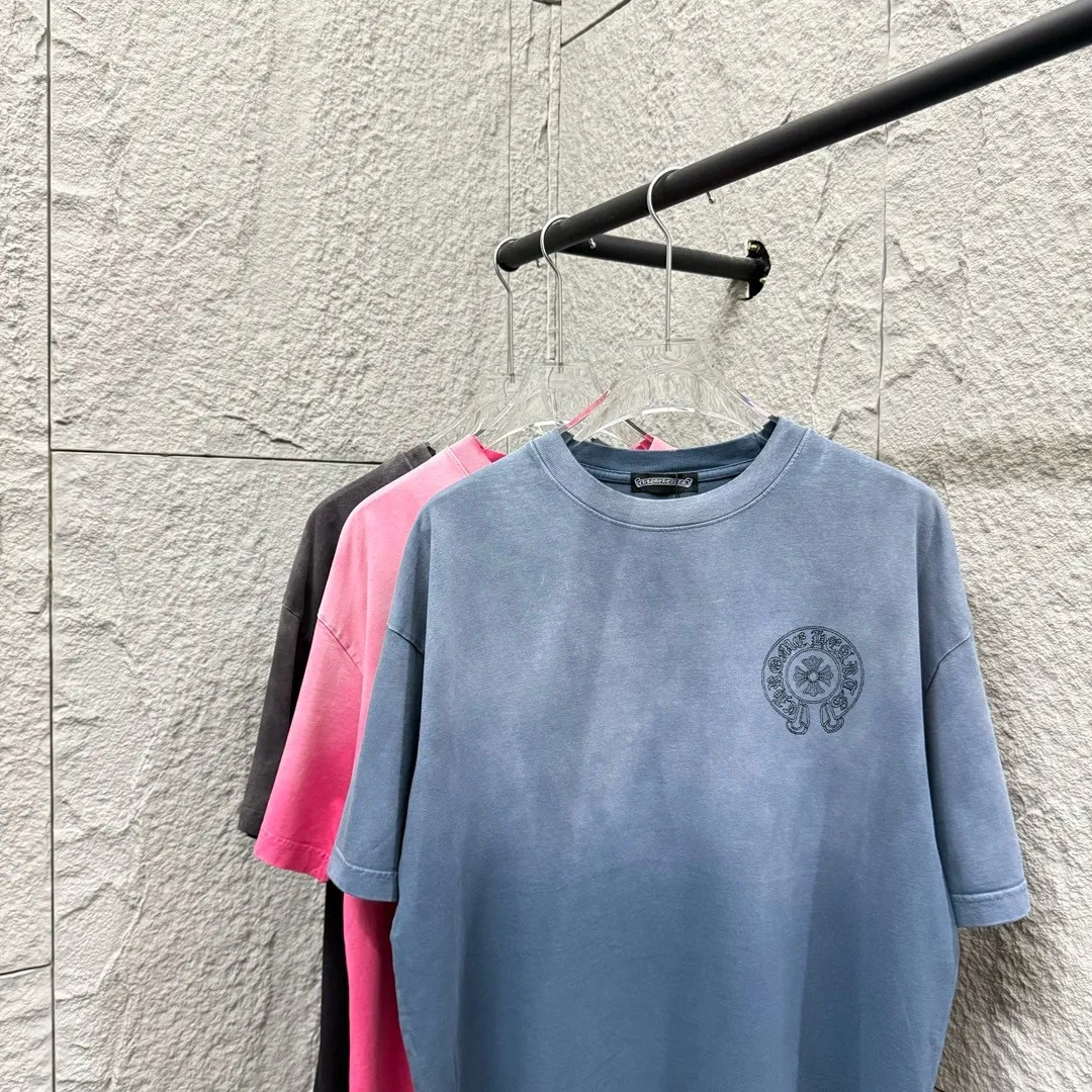 🅿️200 CH Croix Heart 2025 Summer New Style Heavy Acid Washing Gradient Distressing Chest Logo Classic Embroidery Customized Fabric Short Sleeve T-shirt Unisex Size: S M L